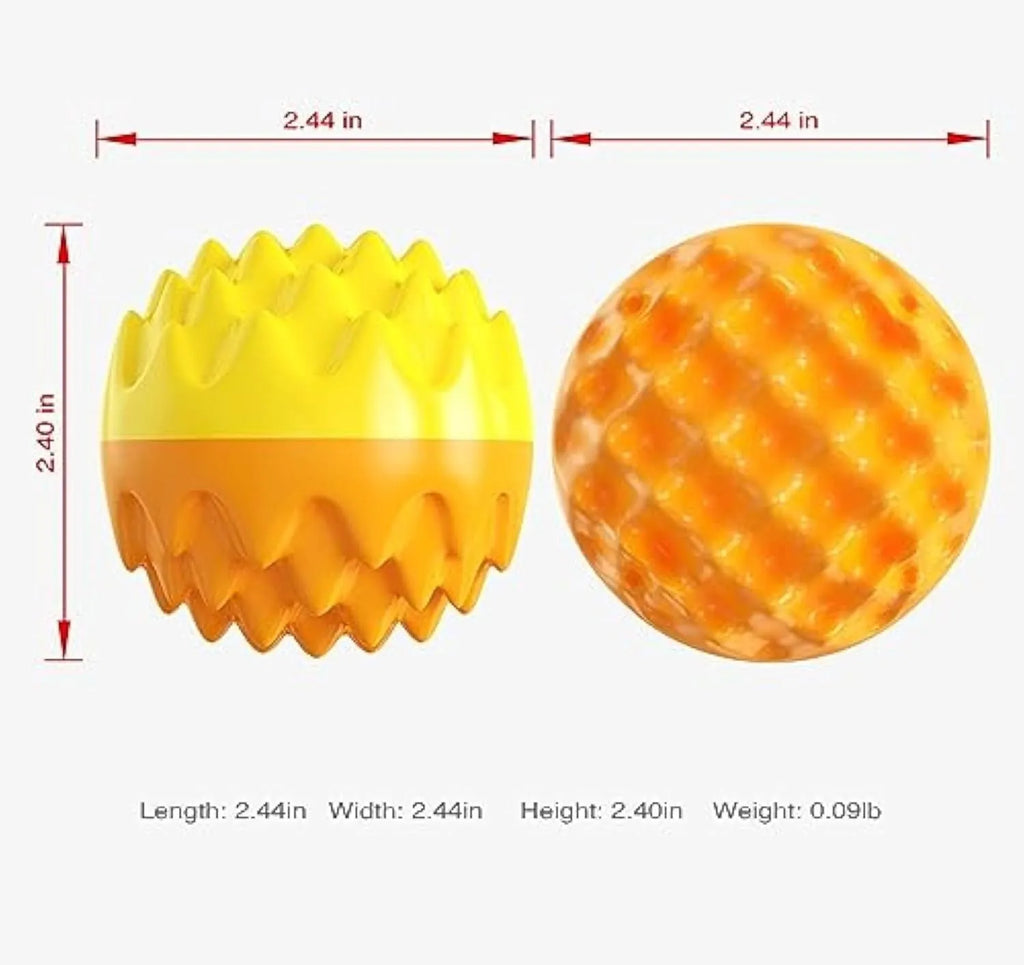 Blue and orange durable rubber squeaky dog ball with spiky dental cleaning bumps.
