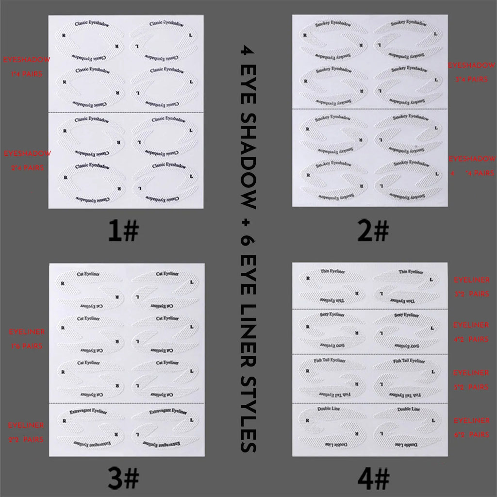 Set of four reusable flexible eyeliner and eyeshadow makeup sticker templates on a pink background