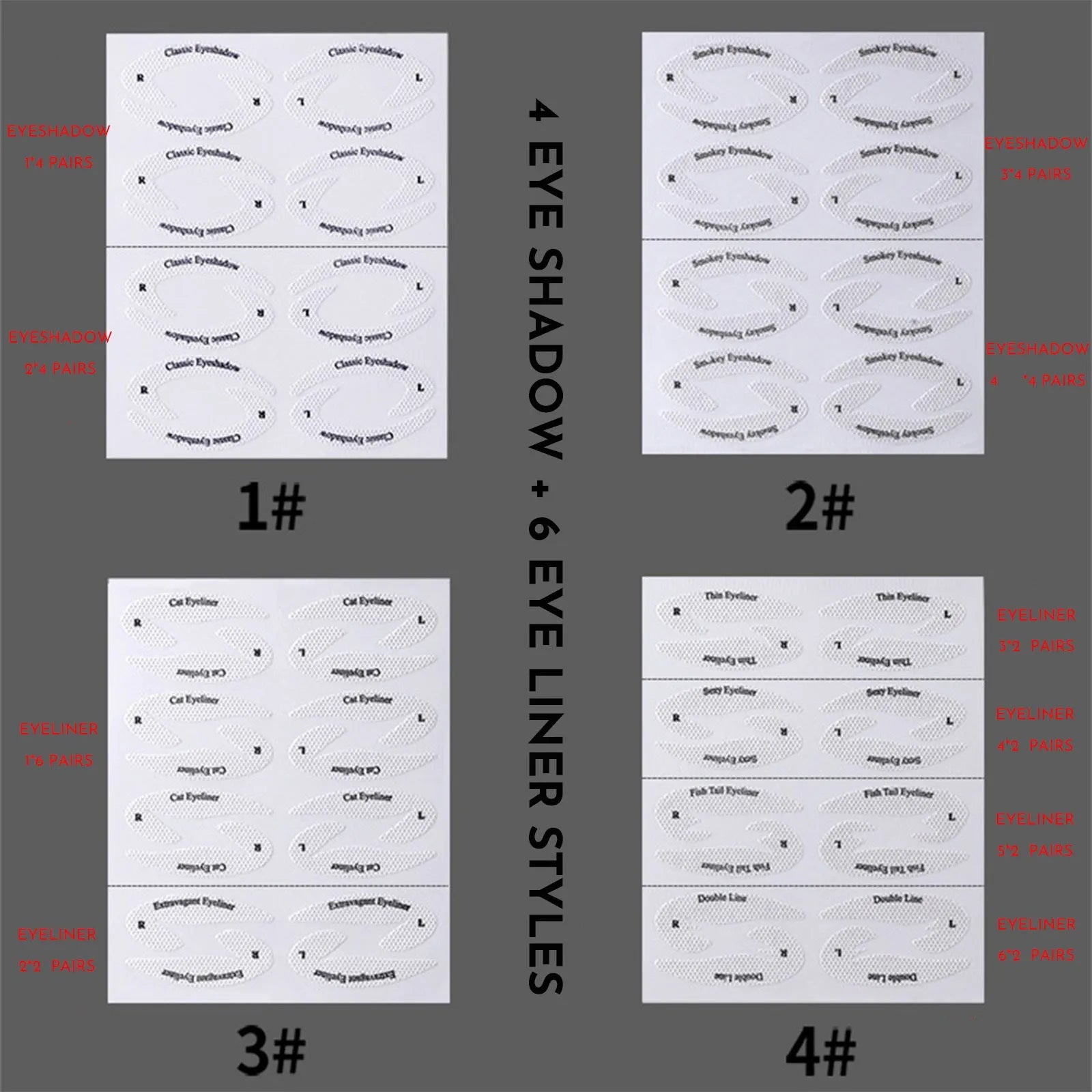 Set of four reusable flexible eyeliner and eyeshadow makeup sticker templates on a pink background