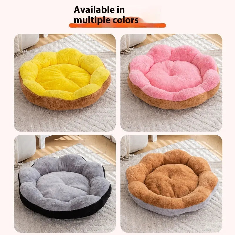 Round grey and black rabbit plush pet bed for cats with a thick, padded rim.