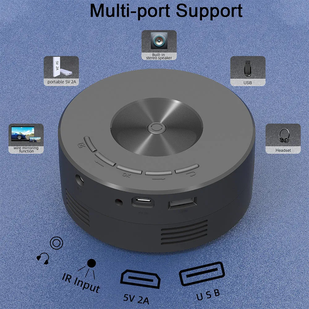 Black mini portable children's projector for mobile phone connection.