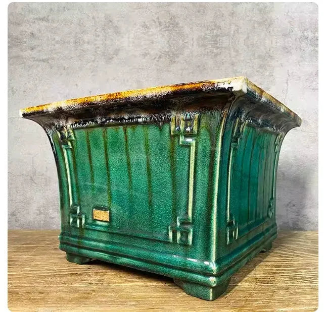 Ceramic flower pot square mouth large size 36 with Shiwan green crackle glaze finish for phalaenopsis