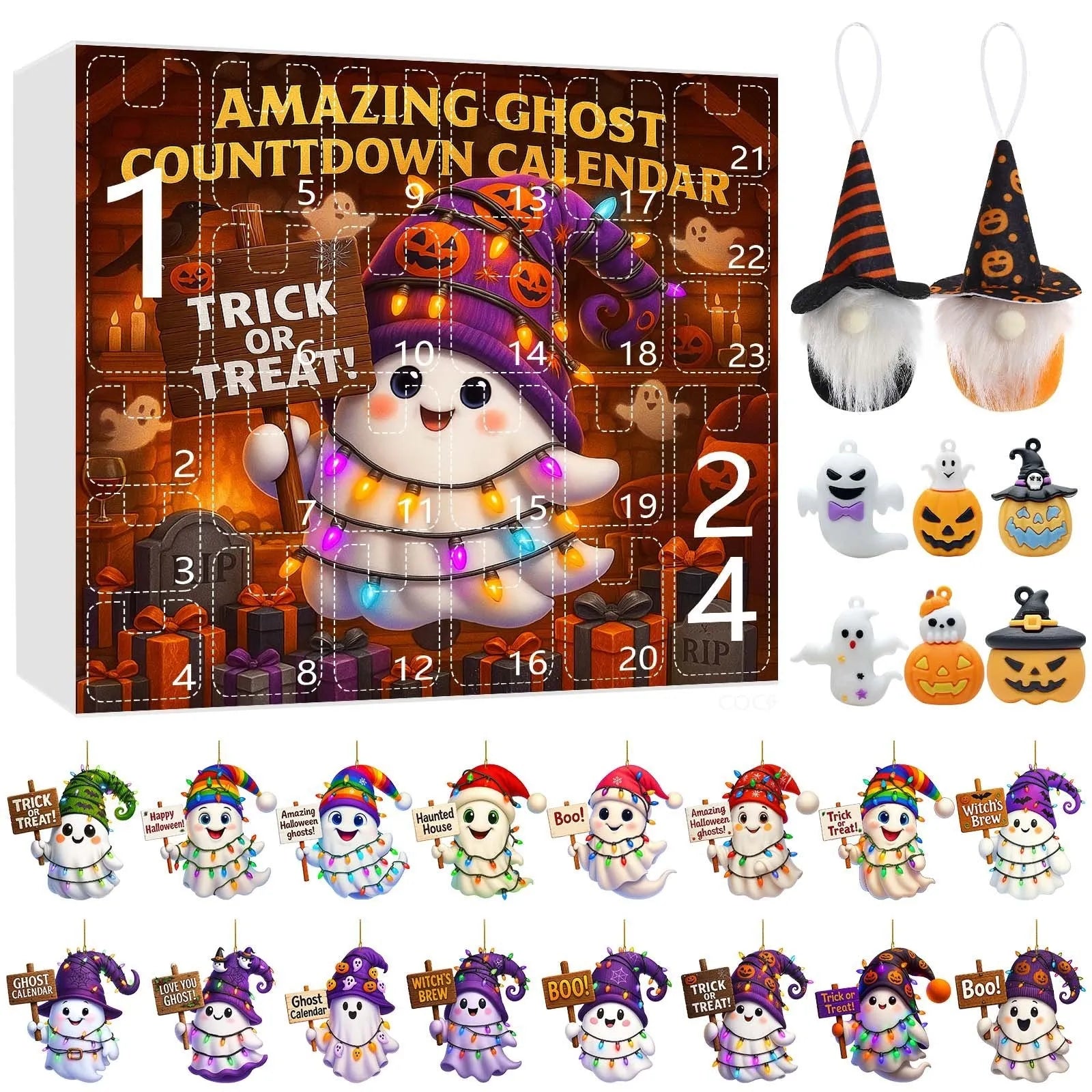 Ghost Pumpkin Doll Blind Box Halloween set with 16 pendants, 6 PVC figurines, and 2 plush dolls