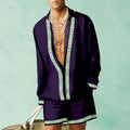 Men's slim fit polyester shirt and loose casual shorts matching set on a hanger.
