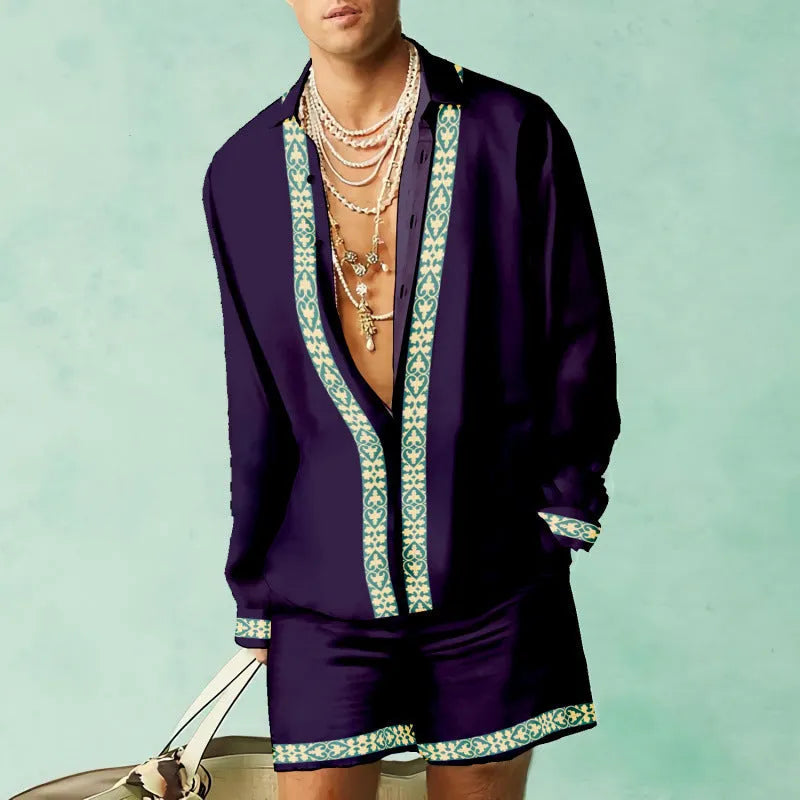Men's slim fit polyester shirt and loose casual shorts matching set on a hanger.