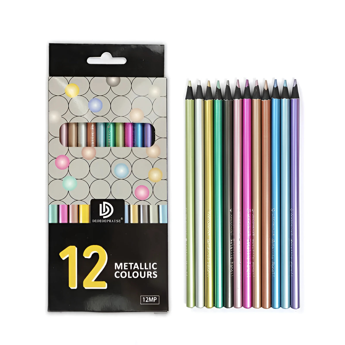 12-color metallic colored pencils in wooden shell with 2B lead core, assorted shades