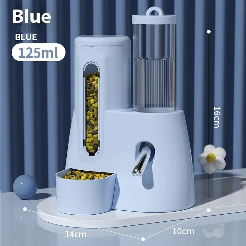 White, blue, and pink plastic hamster automatic drinking water feeder and food basin set.