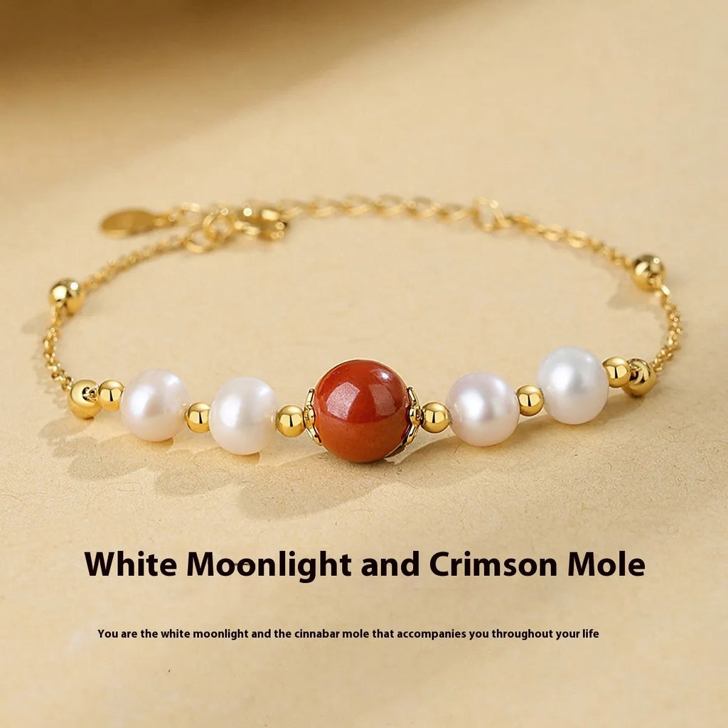 Yellow retro-style 925 silver bracelet with red bean pearl cinnabar design for women