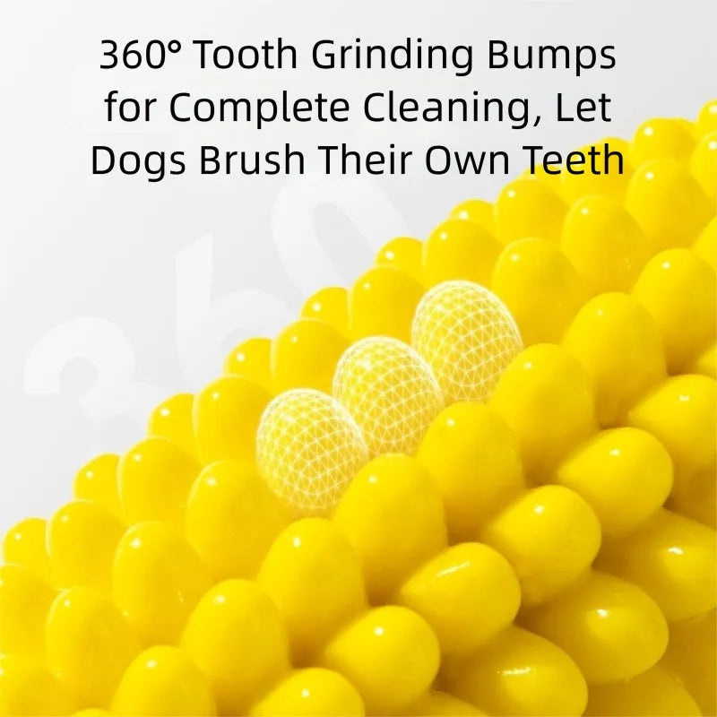 Corn-shaped dog chew toys in yellow and green with rope knots and a yellow ball for small to medium dogs