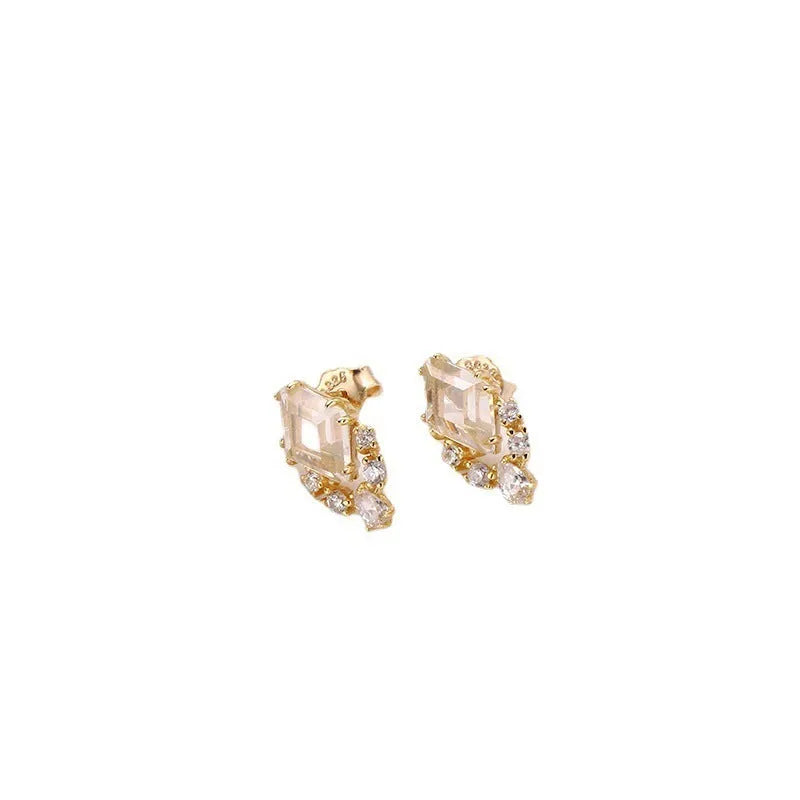 Geometric silver earrings with white crystal studs on 925 silver backing