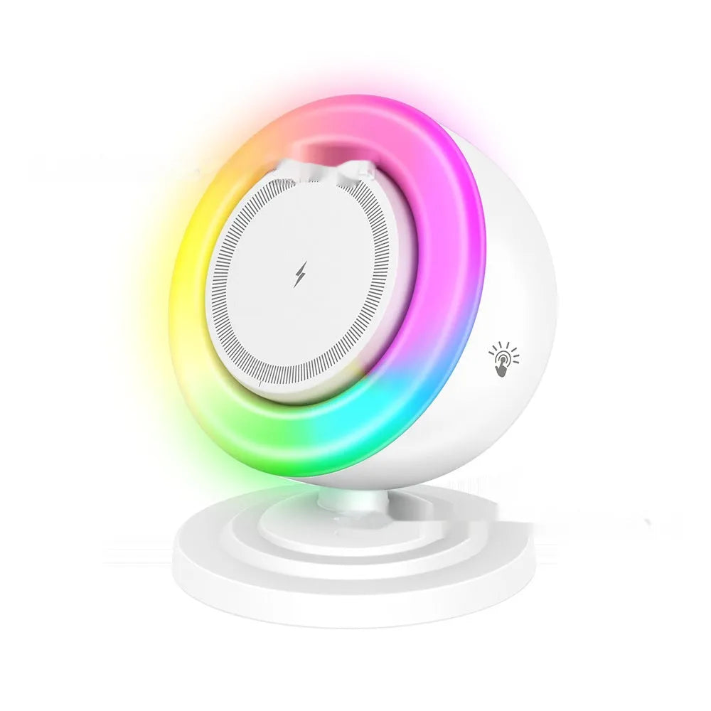 Three-in-one wireless charger with Bluetooth audio and coloured lights in black