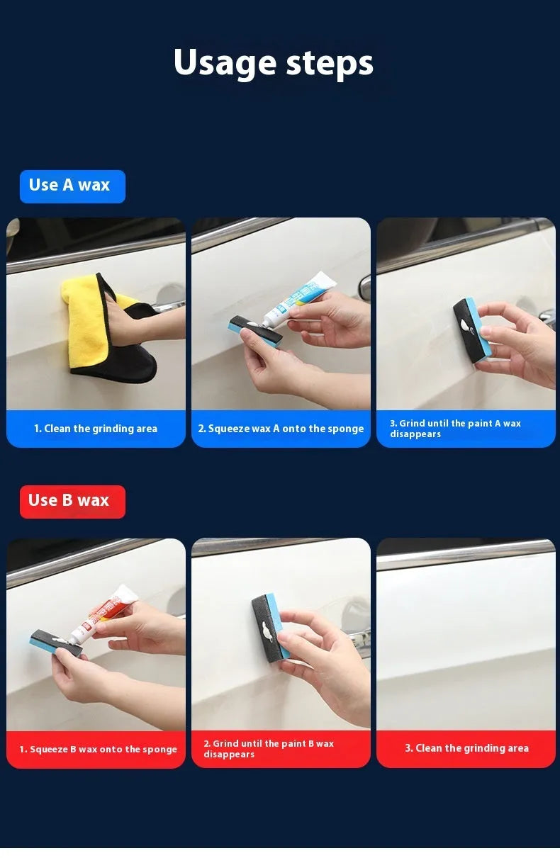 Car repair wax kit showing scratch removal compound, brightening polish, and a frosted sponge mop for paint correction.