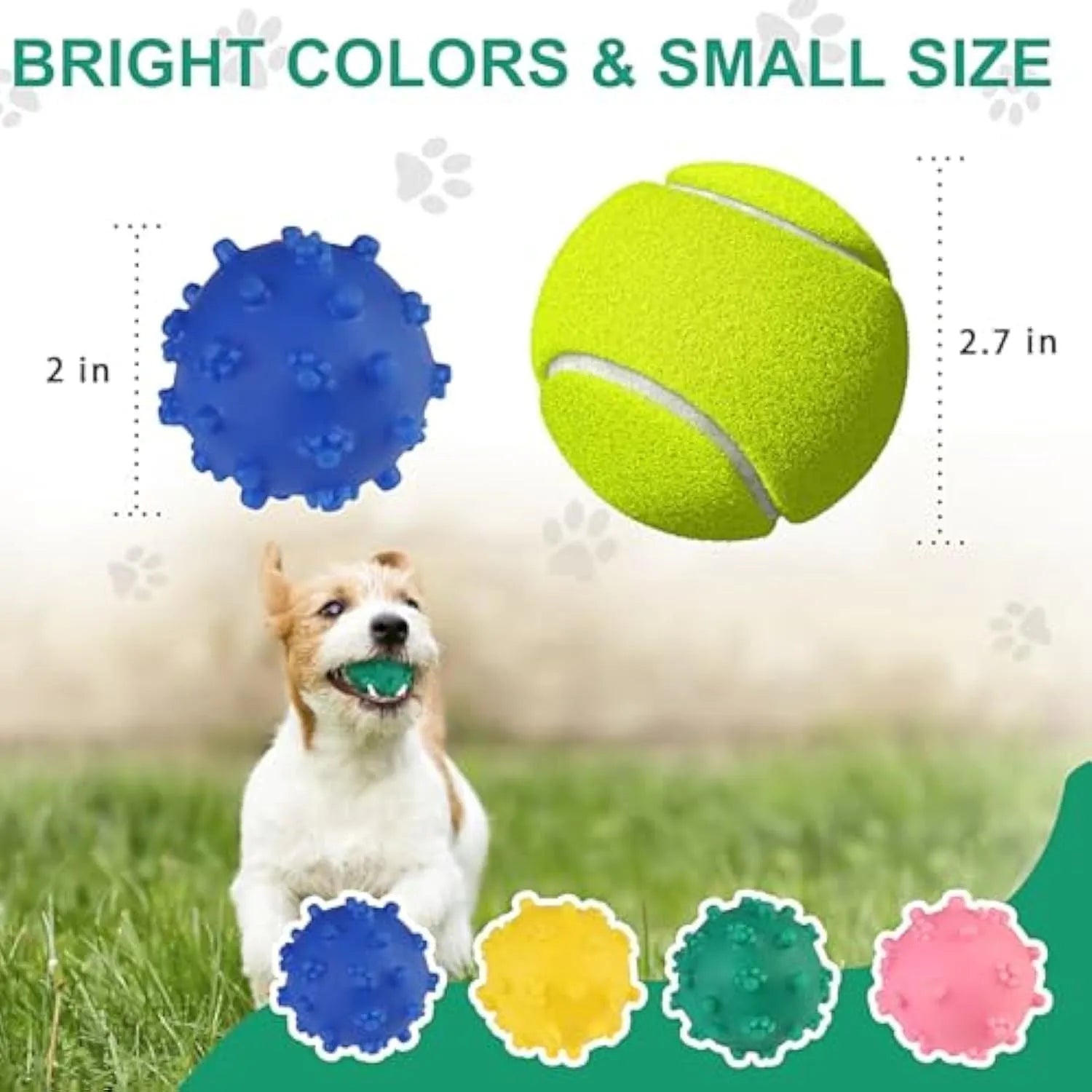Bright blue, green, pink, and yellow squeaky dog toy balls with a spiky texture and paw print dimples.