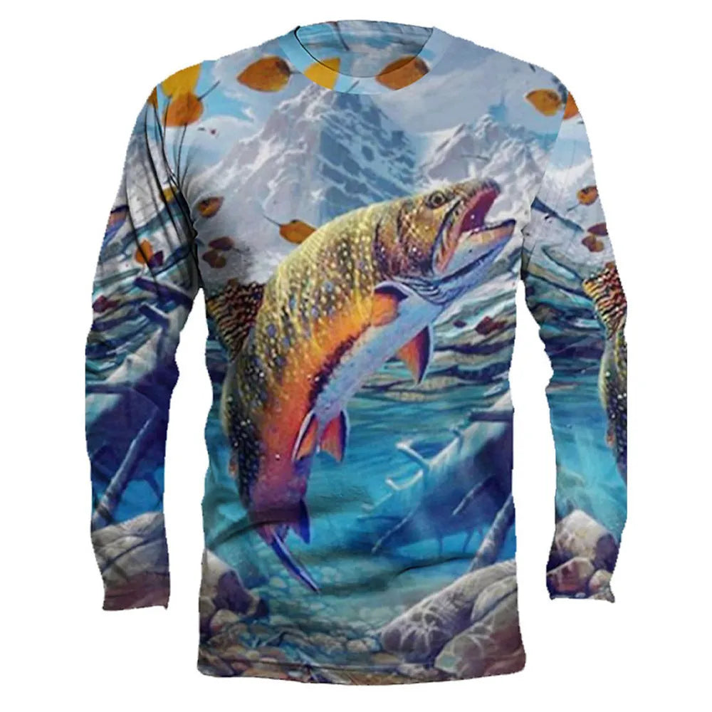 Men's grey pullover top with a detailed fish pattern print, featuring a round neck and long sleeves.
