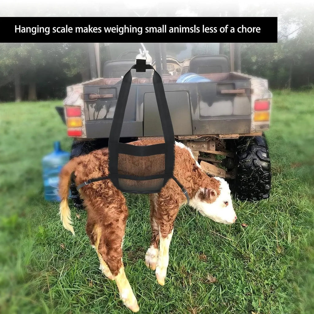 Black polyester calf and large dog weighing sling measuring 150cm long with D-rings.