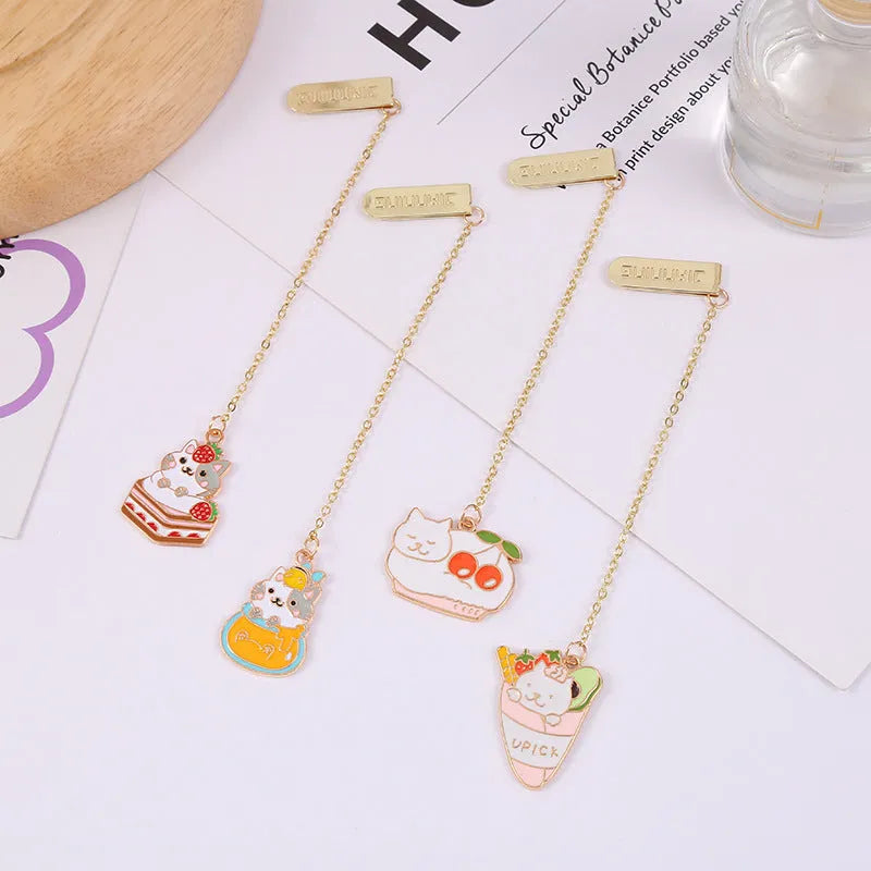 Jane Lime cartoon cat metal bookmark with food-themed designs measuring 3.8cm by 18.3cm