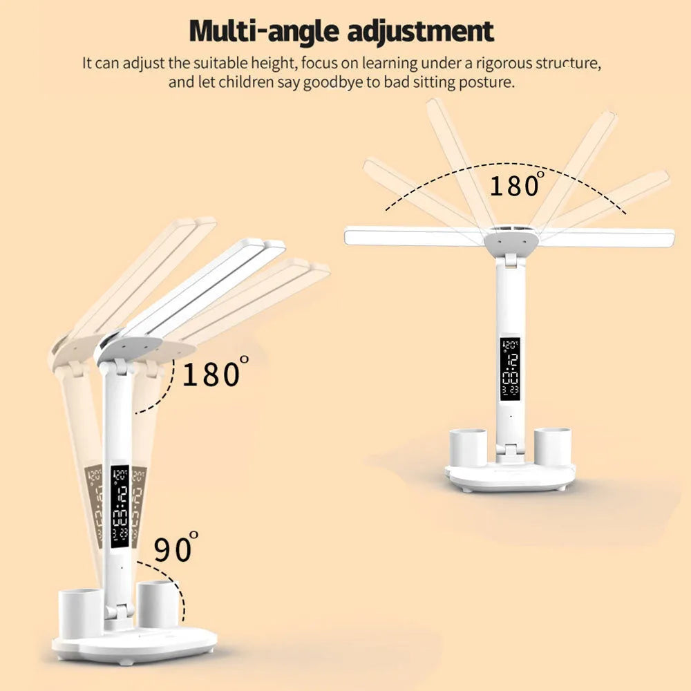 White multifunction LED desk lamp with clock, calendar, pen holder, and USB touch night light on a desk