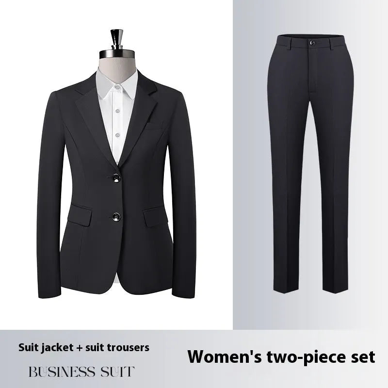 Men's and women's work suit with long sleeve polyester jacket and matching trousers or skirt in black