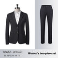 Men's and women's work suit with long sleeve polyester jacket and matching trousers or skirt in black