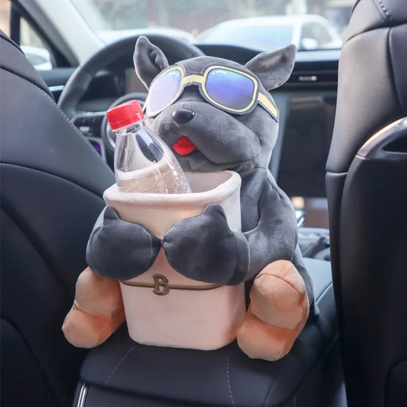 Plush hanging car tissue box for vehicle armrest with canine design options