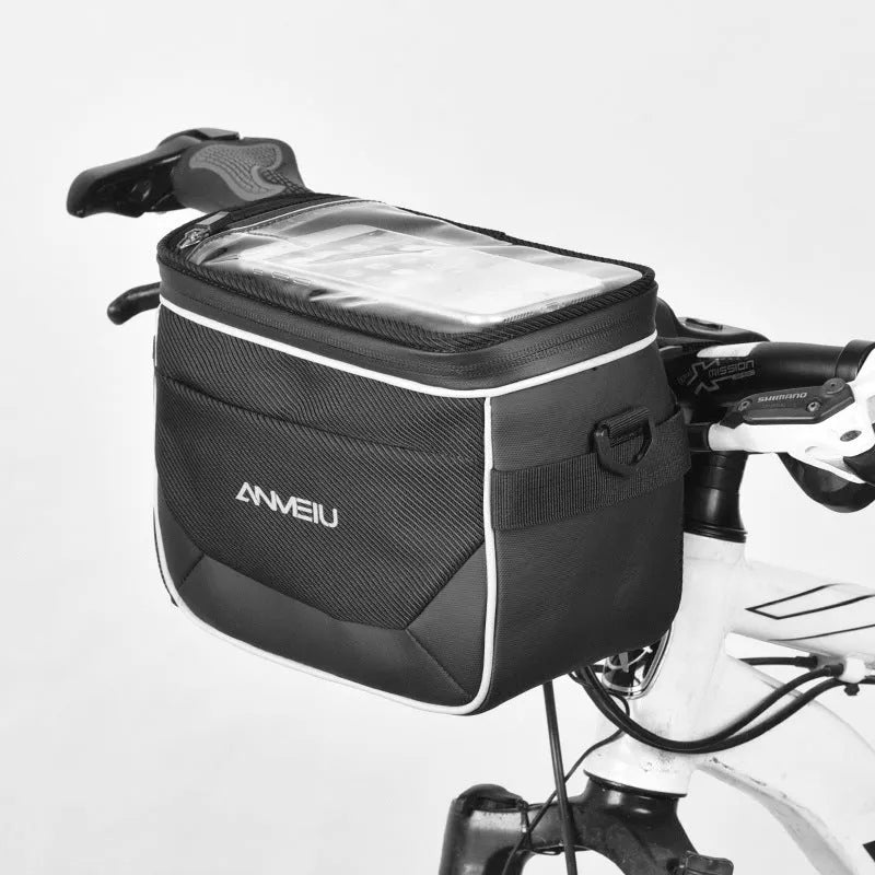 Black 7-inch polyester bicycle handlebar bag with mounting straps.