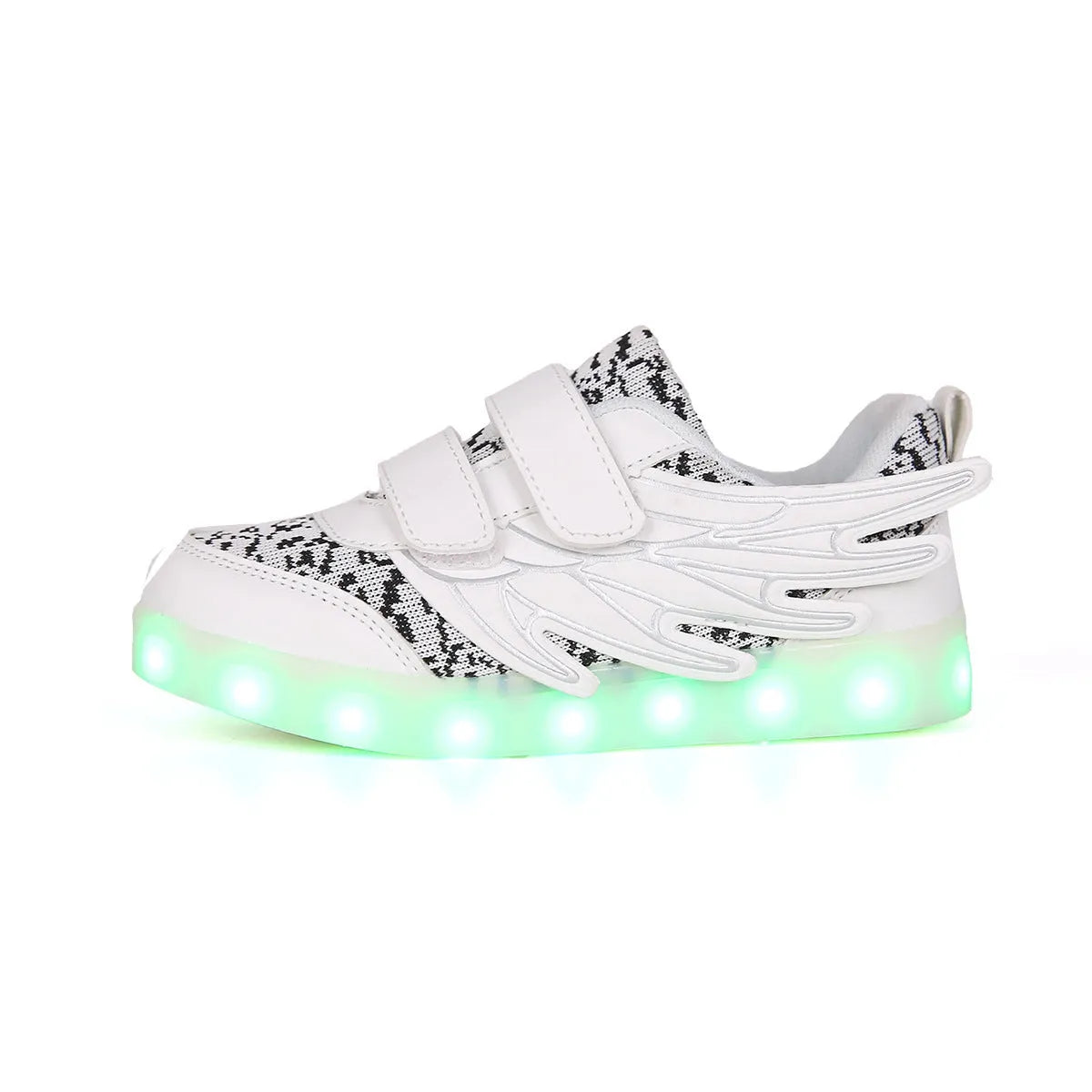 Children's plum red and white LED light-up sneakers showing USB charging port and colourful illumination.