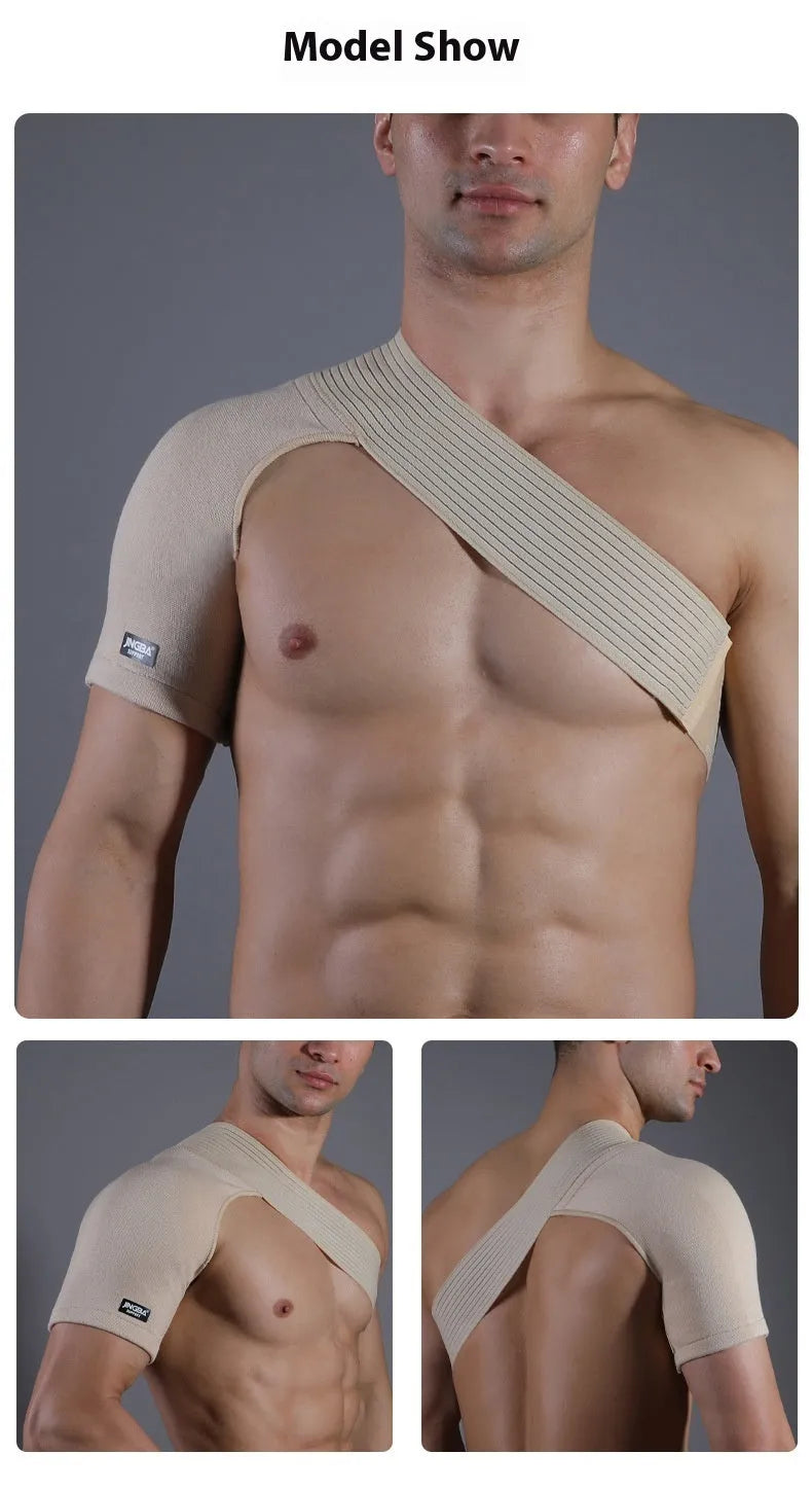 Adjustable one-shoulder sports protective strap in skin colour, shown on a model.