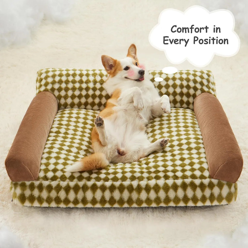 A checkered pattern pet sofa bed for a small dog or cat on a wooden floor.