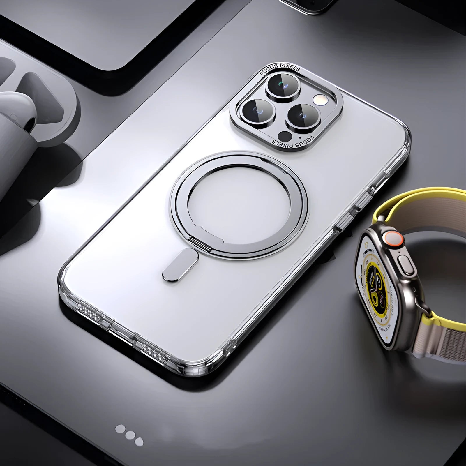 Transparent fulcrum iPhone case with magnetic bracket on grey background.