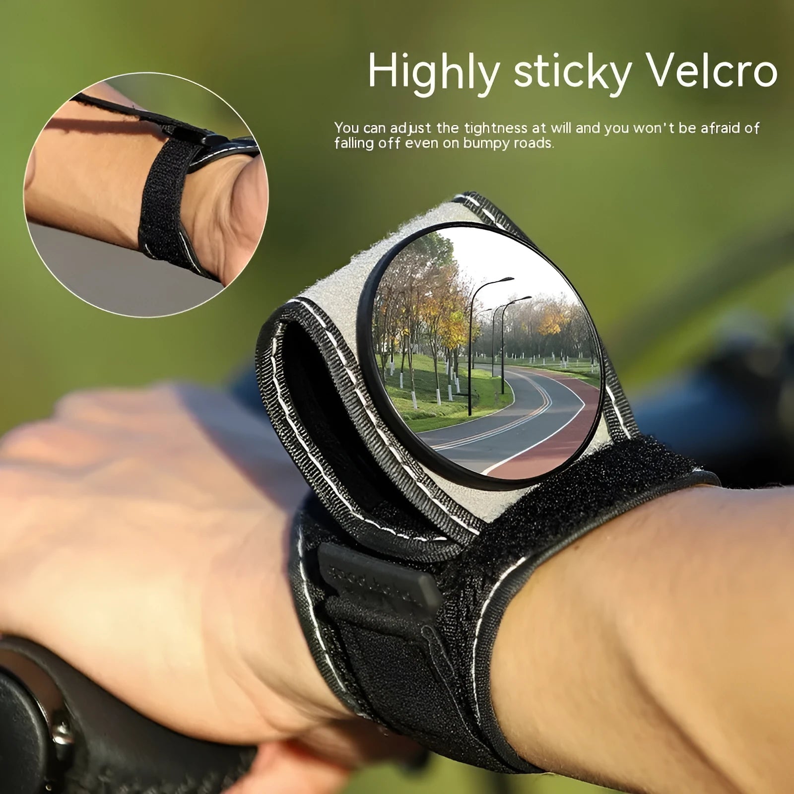 Black nylon bicycle wrist rear-view mirror with quick-fit attachment for handlebars or wrist
