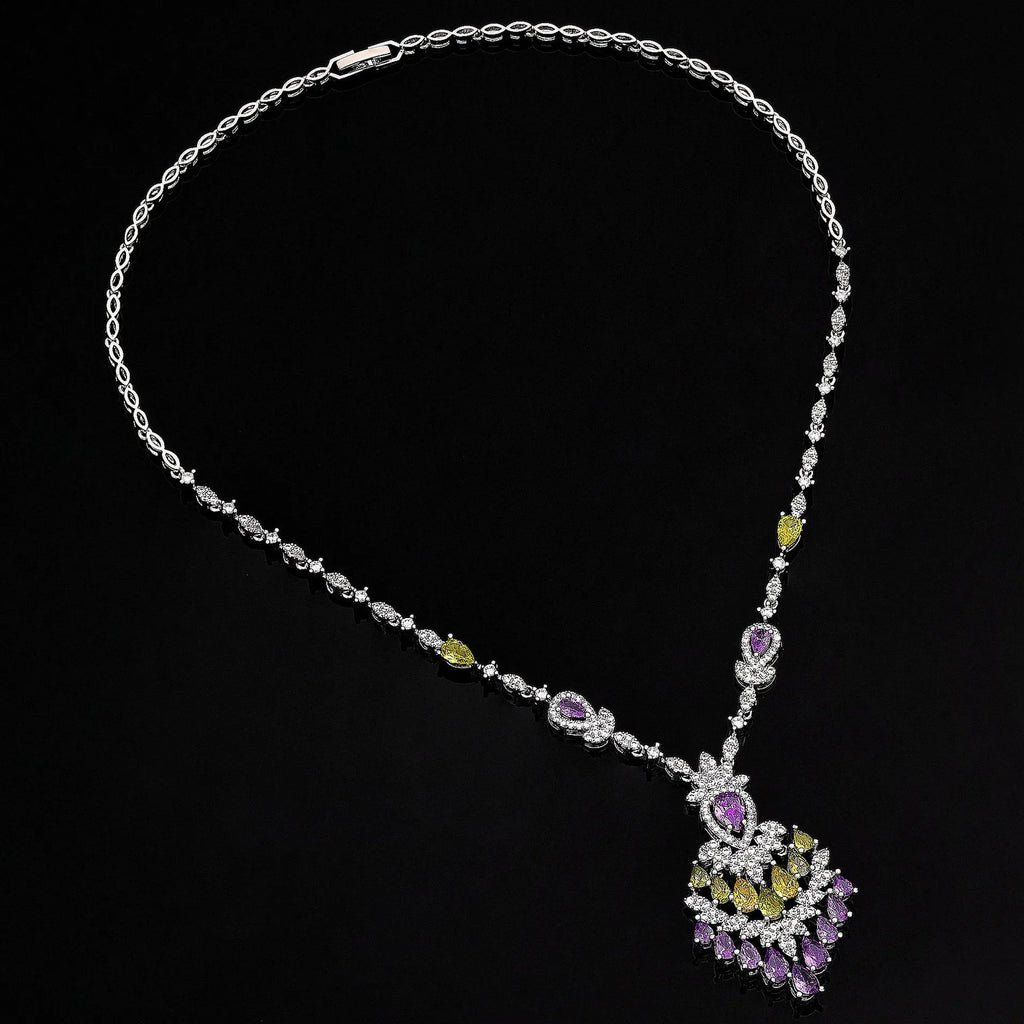 White colour zirconium jewellery 4-piece set with plants and flowers pattern, including necklace earrings ring and bracelet