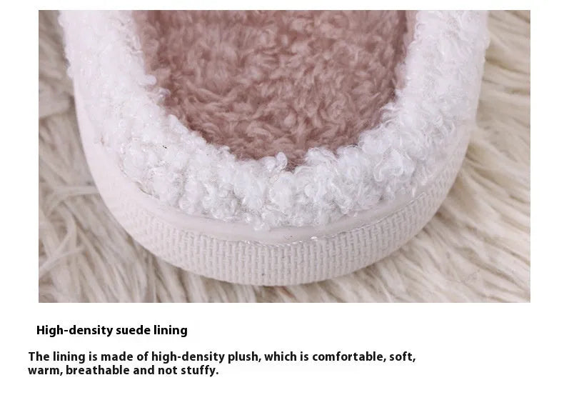 White cartoon pattern plush toe holder slippers with a non-slip rubber sole.