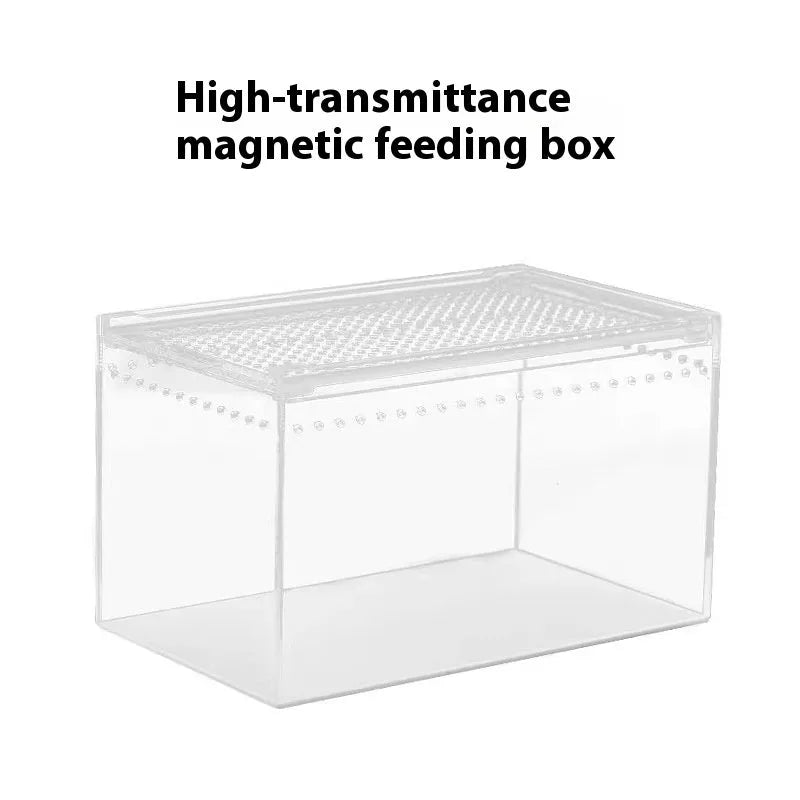Clear acrylic reptile feeding box showing dimensions for small, medium, large, extra large, and arboreal sizes.