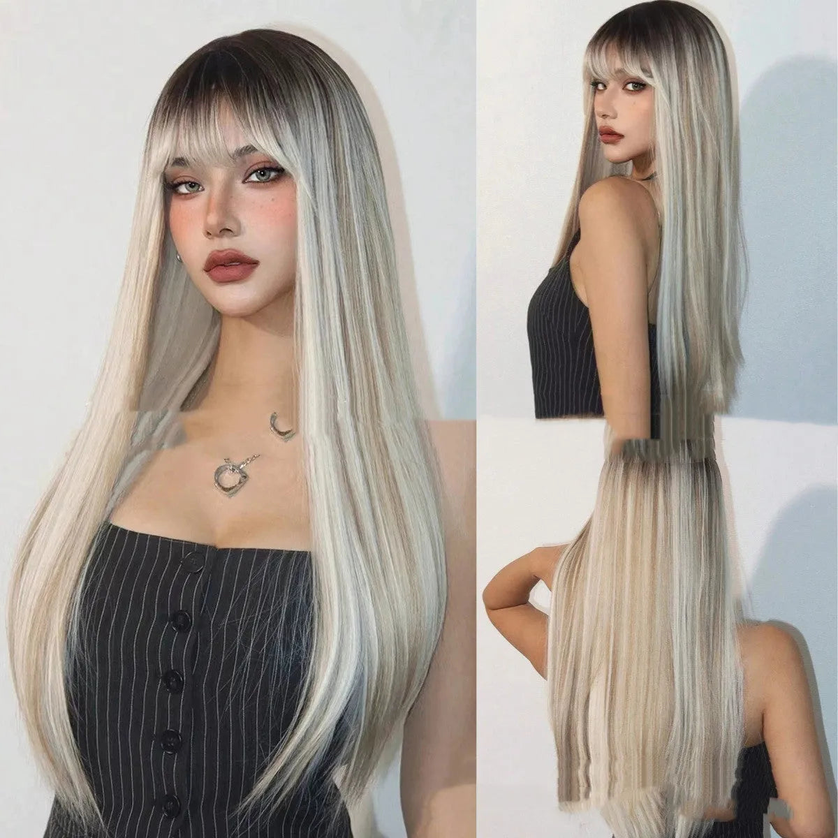 Long straight wig with dyed bangs, high-temperature fibre, natural style, colour LC1073-1