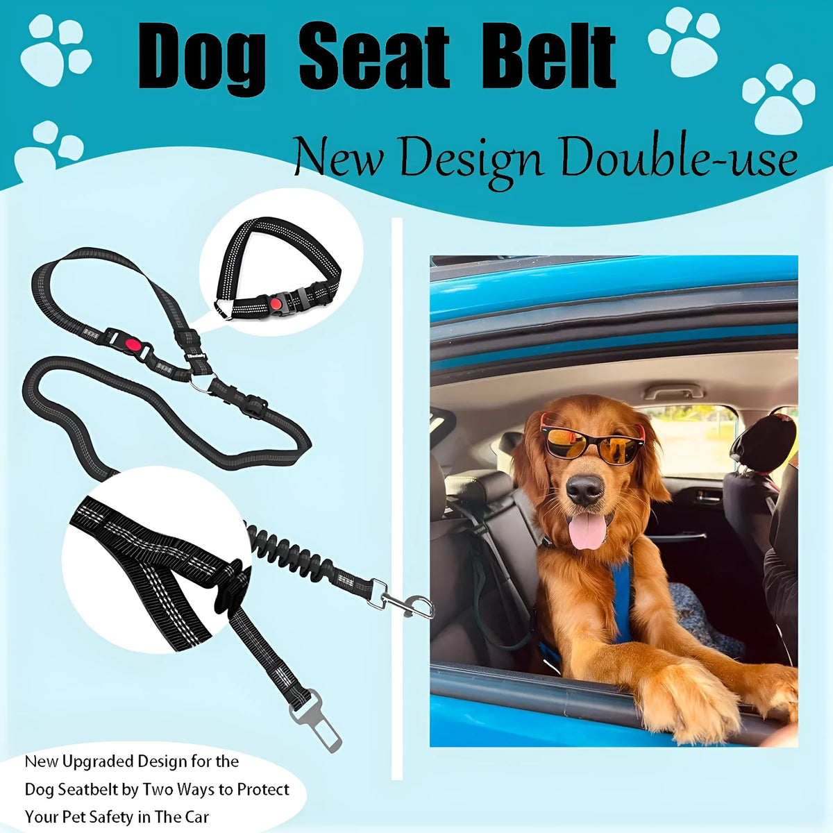 Retractable dog leash with anti-pull car seatbelt in nylon, shown in multiple colours including black, red, and blue.