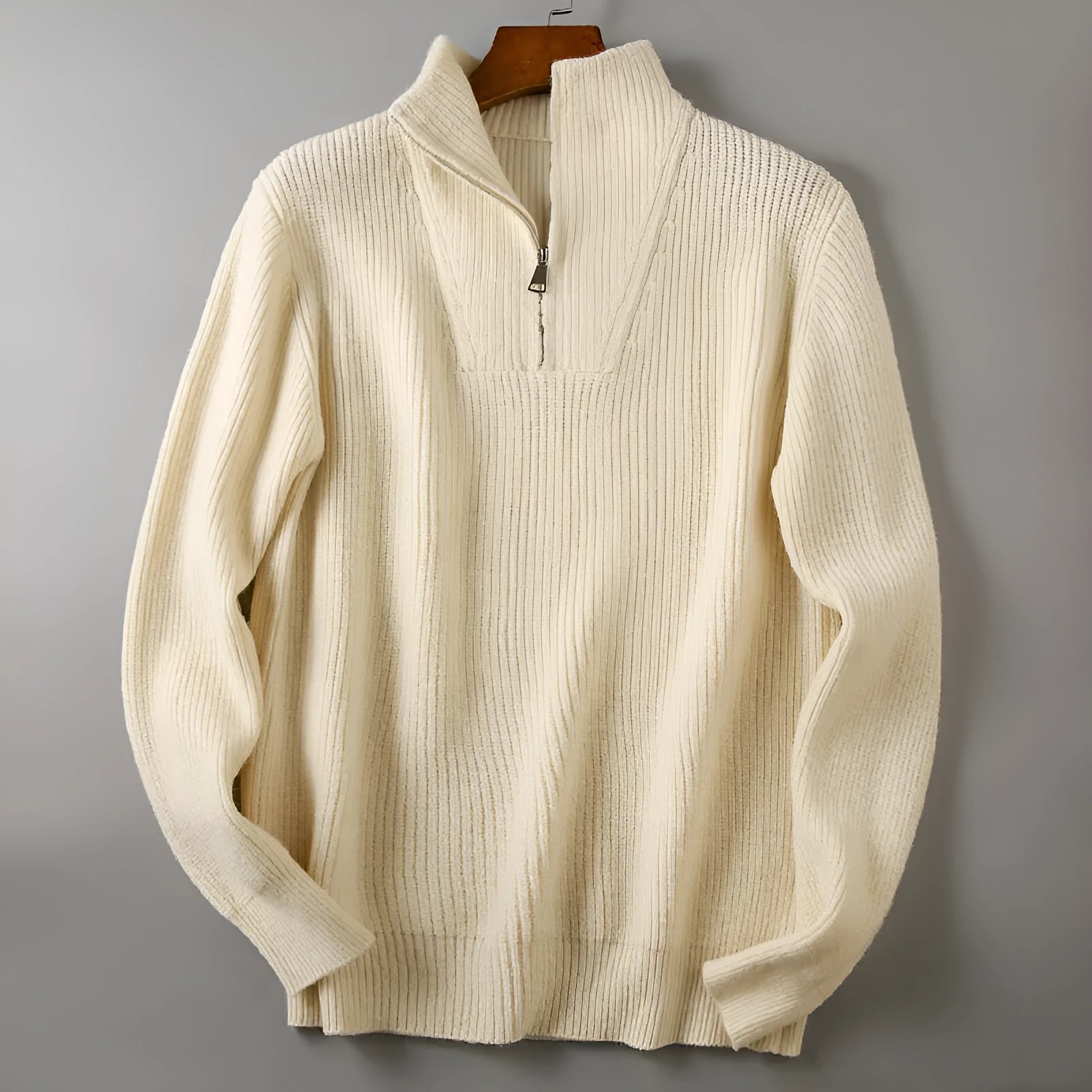 Men's cotton half-zip sweater in beige, plus size bat wing knitwear