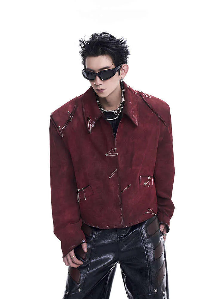 Men's red quilted jacket with decorative flocking pins and lapel collar