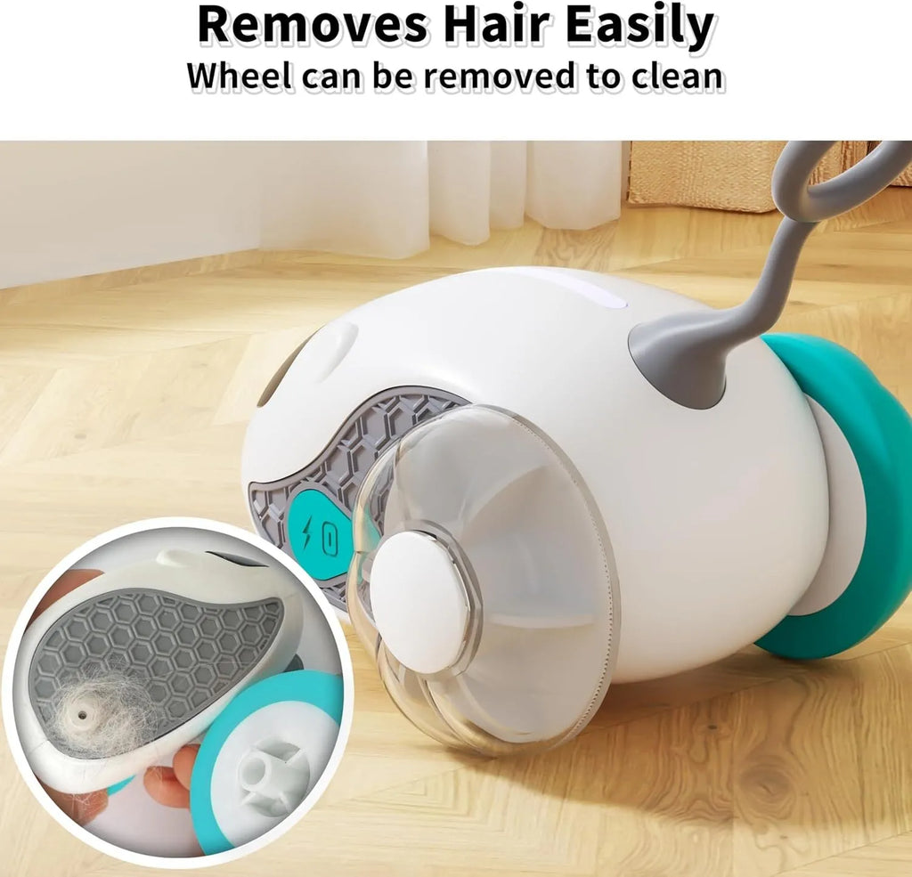 Interactive cat toy in blue with rechargeable joystick remote control and feather attachment for indoor cat exercise