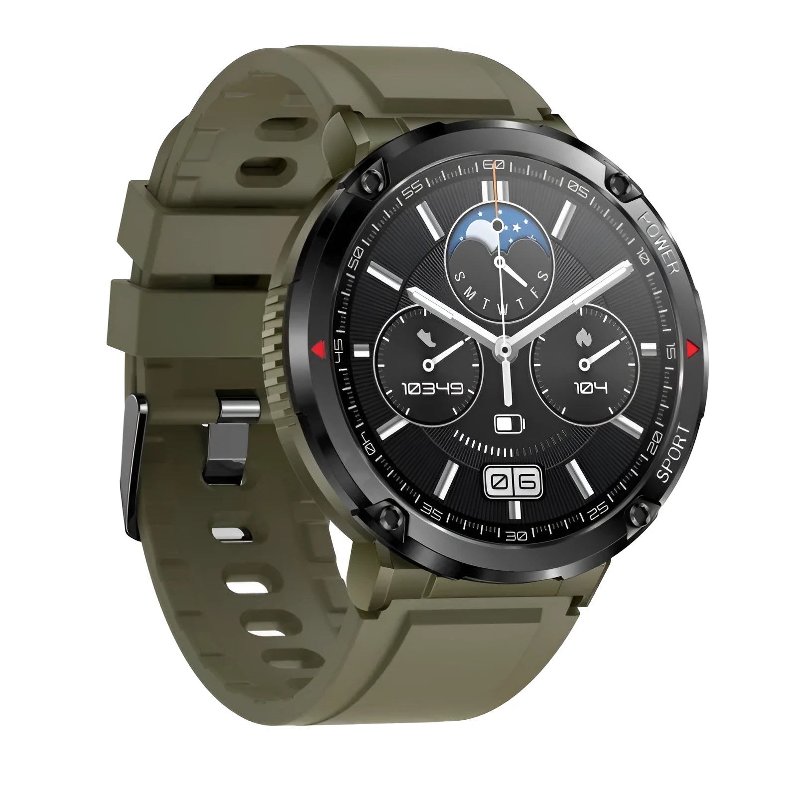 Black T30 smart watch with a silicone strap on a wrist, showing the IPS touchscreen display.