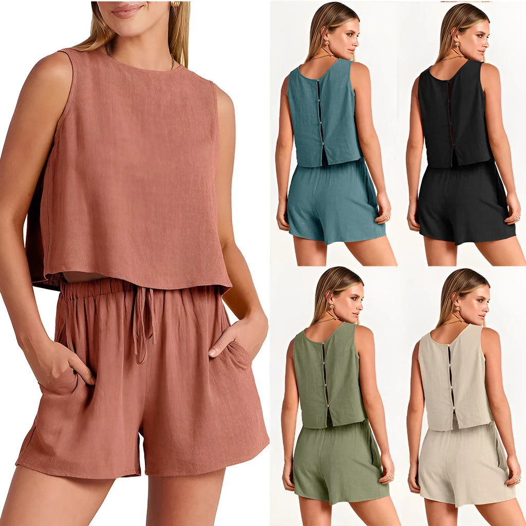 Women's apricot-coloured sleeveless top and matching drawstring shorts from a rayon-linen summer two-piece set.