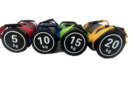 Flat white PVC fitness training sandbag for weight lifting in various sizes from 5kg to 30kg.