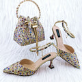 Women's pointed toe sandals and matching handbag with chain strap, 7.5cm heel, black colour option