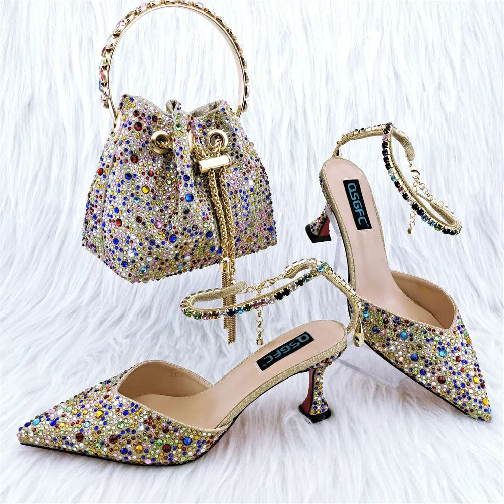 Women's pointed toe sandals and matching handbag with chain strap, 7.5cm heel, black colour option