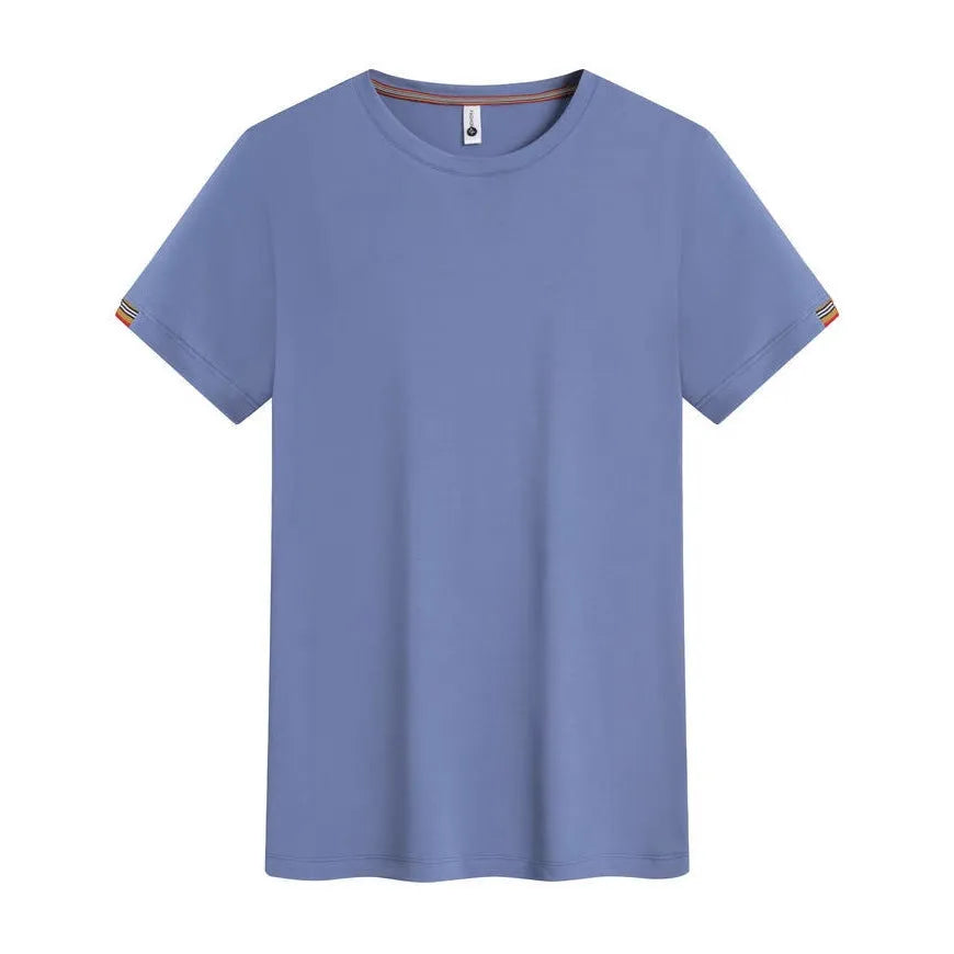 Man wearing a grey round neck ice fabric pullover shirt, showing front view.