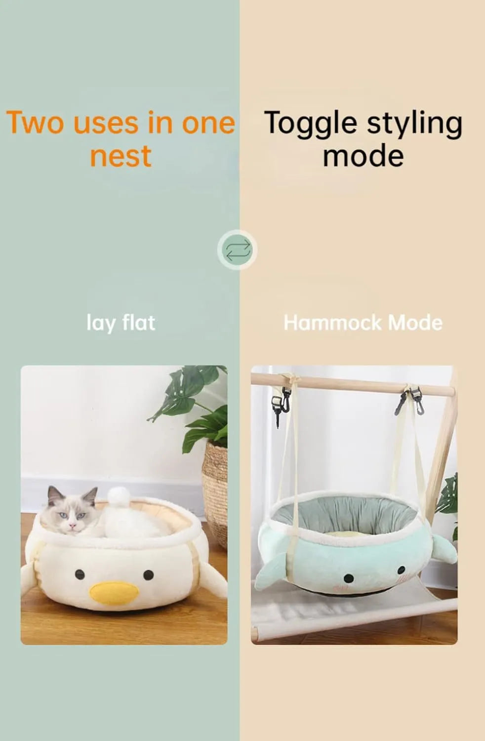 Green chick-shaped cat bed shown both flat as a sofa and hanging as a hammock for a small cat.