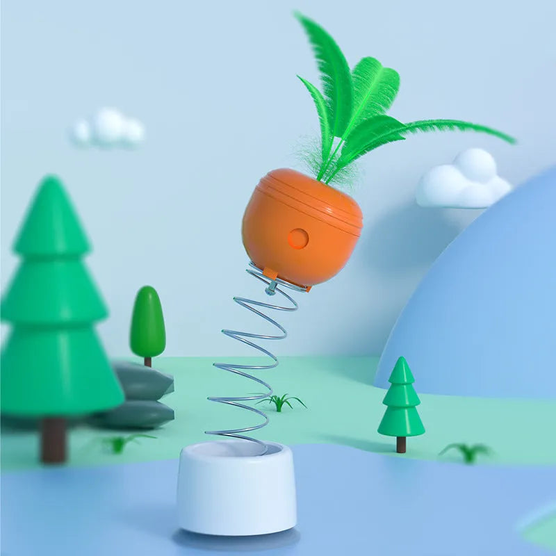 Carrot-shaped cat leaking food toy tumbler on floor, 6.3x6.3x9cm, made of ABS plastic