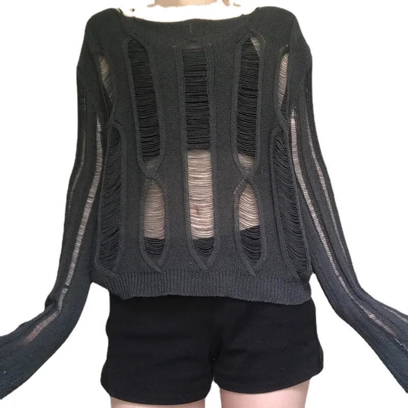 Women's crew neck long sleeve loose hollow-out acrylic sweater in dark gray, front view