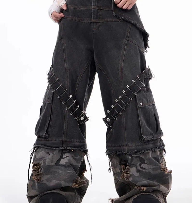 Men's grey camouflage splicing jeans with decorative pin and ribbon details
