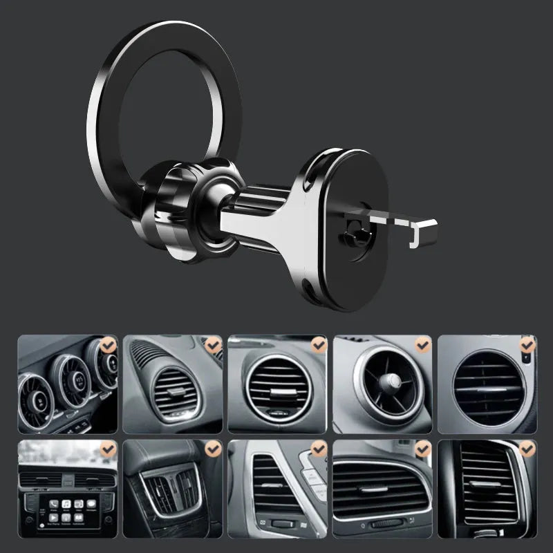 Black magnetic car phone holder mounted on vehicle air vent
