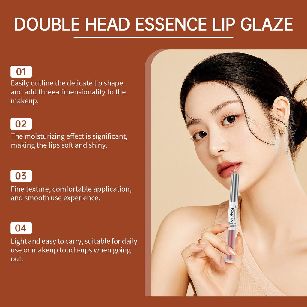 Double-headed lip liner and lip lacquer pen showing two applicators with shade options Black Coffee Truffle, Fragrant Attack, Oat Almond.